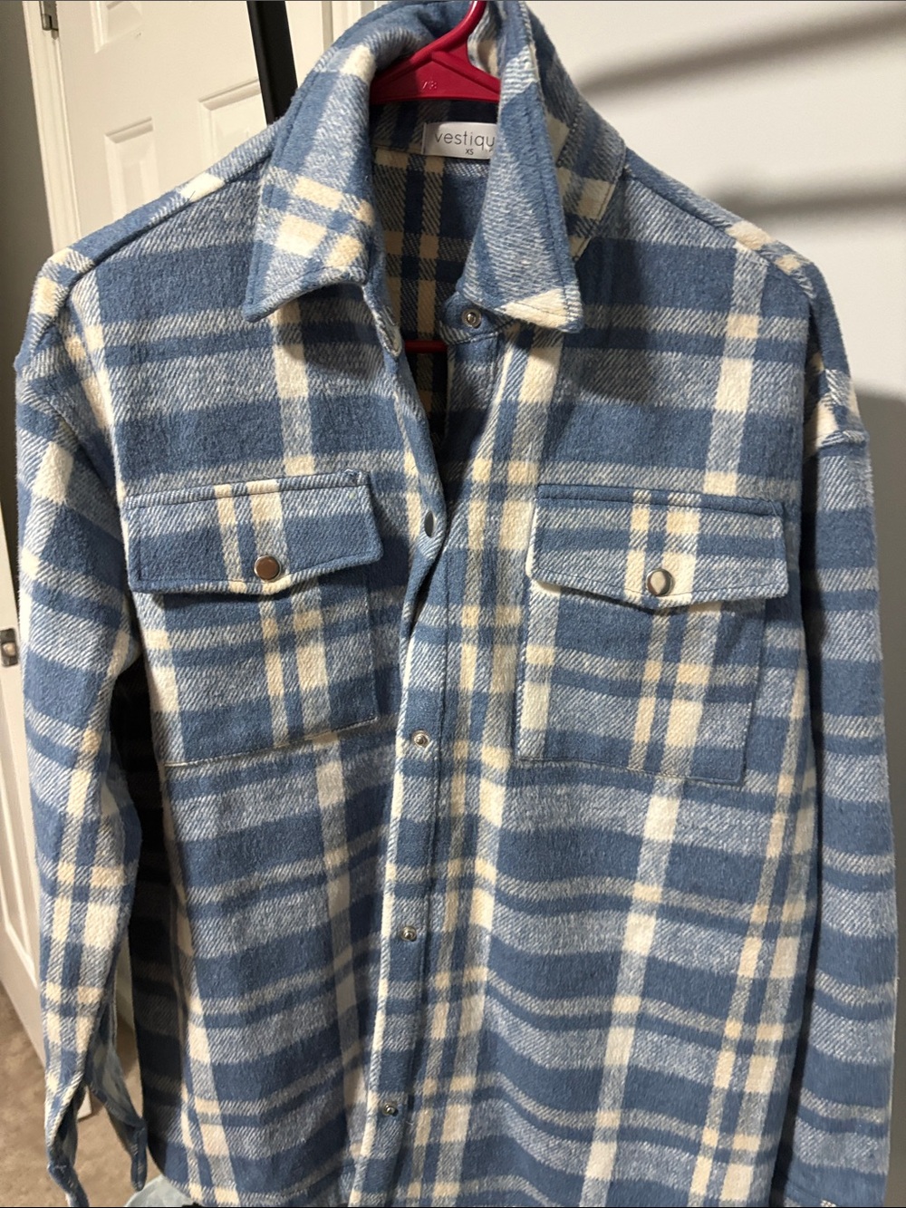 vestique Blue and Cream Plaid Shacket - Lightweight Jacket